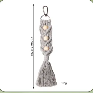 Porte-clés en macramé gris fait main avec perles en bois et pompon, taille 20cm