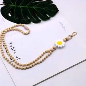 Handmade wooden bead lanyard with silicone daisy flower for ID badge holder and keychain
