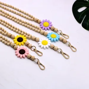 Handmade wooden bead lanyard with silicone sunflower and gold clasp for ID cards