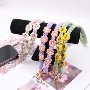 Handmade braided daisy flower mobile phone lanyard strap with double golden lobster claw clips
