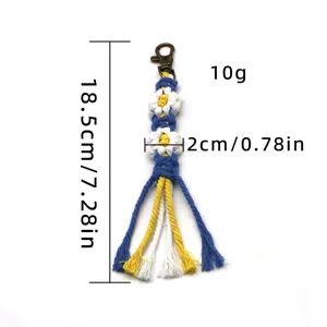 Llavero de flor de cuerda de algodón tejido a mano con borlas amarillo azul 18,5cm