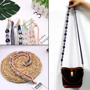 Handmade Woven Cotton Rope Bag Strap Floral Pattern Adjustable Keychain Lanyard Flower Decor Bag Accessories For Women