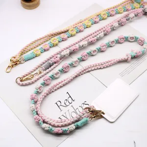 Hand-woven cotton floral shoulder strap lanyard with golden metal clasps for bags