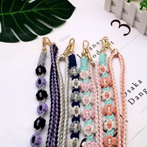 Handmade woven cotton rope flower strap with golden metal clasp for bags and keys