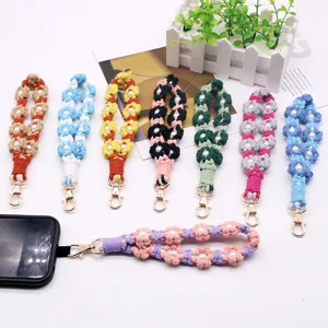Handmade daisy flower pearl wrist strap lanyard for phone and keys in colorful weave