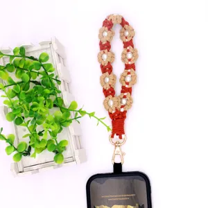 Hand-woven daisy flower phone lanyard with pearls and lobster clasp