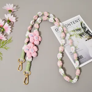 Boho Gewebte Handy Umhängeband Süße Häkel Blume Taschenanhänger Handgemachte Kordel