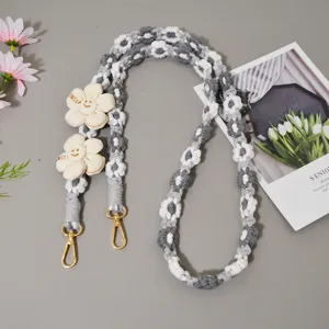 Handgemachte böhmische gewebte Handy Umhängeband grau weiß Gänseblümchen Blumen Band