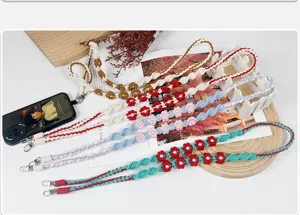 Detailed view of colorful Bohemian woven flower phone lanyards with metal clips.