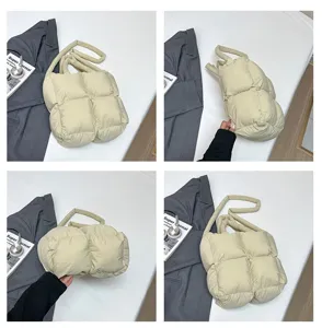 Detailed multi-angle view of a beige quilted puffer tote bag with a wide shoulder strap