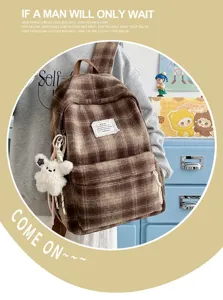 Retro plaid backpack for women autumn winter vintage brown school bag cute aesthetic bookbag