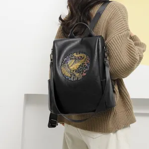 Retro schwarzer Rucksack aus weichem Leder für Damen mit Elefanten-Stickerei