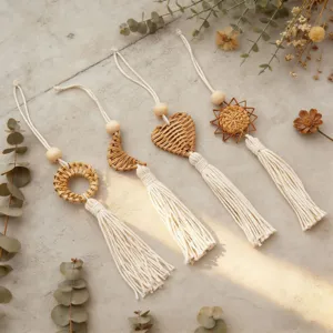 Handmade Bohemian Woven Rattan Wall Hanging Decoration Cotton Rope Tassel Boho Decor For Kids Room Balcony Home Decoration