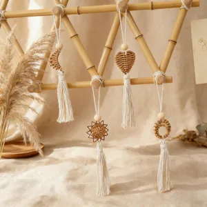 Bohemian handmade rattan woven wall hanging ornaments with cotton tassels set of four