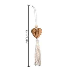 Bohemian handmade woven rattan heart wall hanging with white cotton tassel for room decor