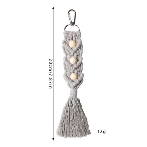 Porte-clés en coton tissé fait main avec perles en bois et pompon gris, longueur de 20 cm