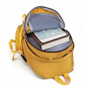 Interior view of the yellow hiking backpack showing its large storage capacity.