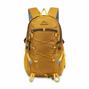 Detailed front view of a mustard yellow lightweight large capacity hiking backpack