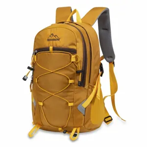 Lightweight outdoor backpack detail showing front bungee cord and reflective safety strips