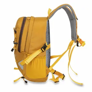 Side view detail of a lightweight yellow outdoor hiking backpack with adjustable straps