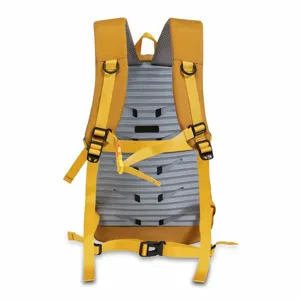 Detailed view of yellow outdoor hiking backpack featuring breathable mesh back panel
