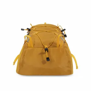 Detailed view of the yellow lightweight outdoor hiking backpack with bungee cord system