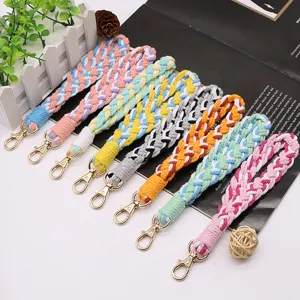 Colorful braided cotton rope keychain wrist strap cute bag charm for phone and keys