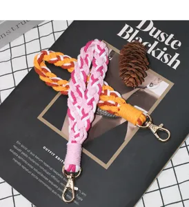 Colorful braided cotton rope keychain wristband and bag strap with shiny gold metal clasps