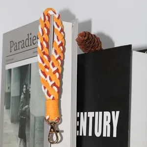 Colorful braided cotton wristlet keychain, cute handmade phone strap and bag charm accessory.