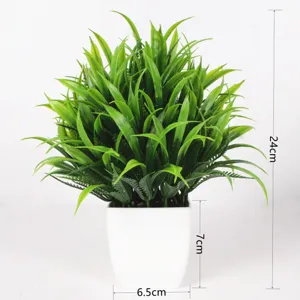 Artificial green plant in white square pot detail view with size dimension labels.