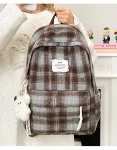 Retro plaid backpack women autumn winter Japanese style vintage aesthetic school book bag.