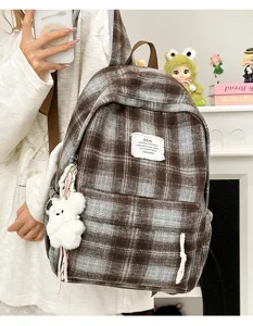 Retro plaid plush backpack for women, autumn winter casual vintage cute school bookbag.