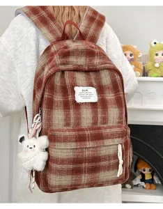 Vintage plaid woolen backpack for women, retro autumn winter school bookbag daily use