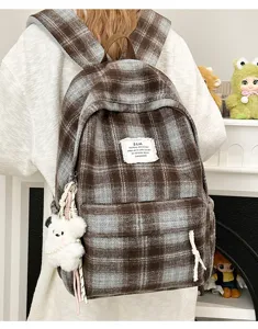 Vintage plaid fuzzy backpack for women, autumn winter casual school bookbag with cute bear.