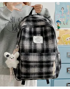 Retro plaid backpack for women stylish school bag casual daily bookbag with cute plush pendant