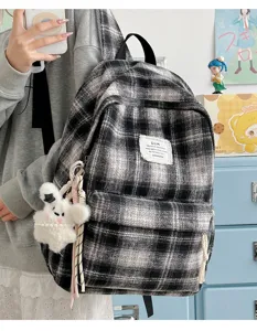 Retro black white plaid backpack, Japanese style school bag with cute plush pendant for daily.