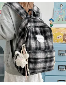 Vintage black and white plaid backpack for women, retro casual school book bag with cute bunny.