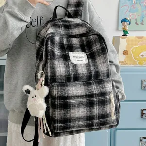 Retro plaid backpack for women, Japanese style autumn winter casual bookbag with plush bunny charm.