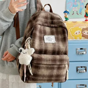 Vintage brown plaid tweed backpack for women, retro casual school bookbag with cute bear.
