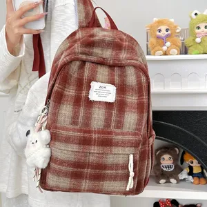 Vintage plaid plush backpack for women, autumn winter retro casual school book bag with pendant.
