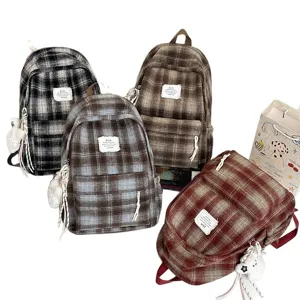 Vintage plaid backpack for women retro aesthetic school bag casual daypack set four colors