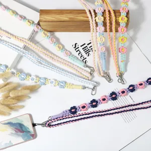Hand Woven Daisy Flower Phone Lanyard Adjustable Bohemian Style Bag Strap Keychain Multicolor Floral Decorative Rope For Women