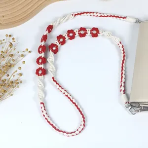 Hand-woven bohemian daisy flower phone lanyard strap with pearls for crossbody use