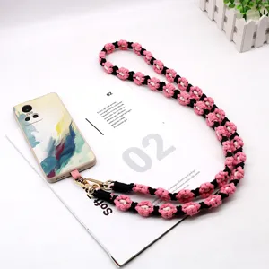 Bohemian handmade woven daisy flower phone lanyard strap with pink floral patterns