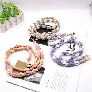 Handmade bohemian woven daisy flower phone lanyard strap with golden metal clasps