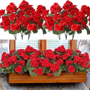 Vibrant red artificial geranium flowers displayed in a wooden window flower box