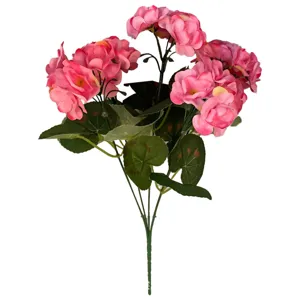 Stunning pink artificial geranium flower bouquet with realistic green leaves for home decor
