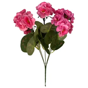 Vibrant artificial pink geranium flowers bouquet with green leaves for home decoration