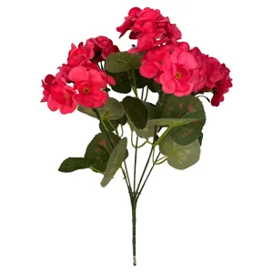 Detailed view of an artificial pink geranium bunch with realistic green leaves on white.