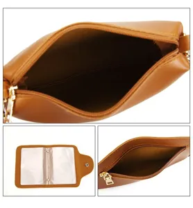 Detail view of brown retro four-piece bag set showing interior and card holder
